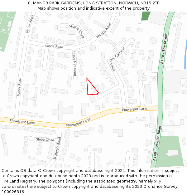 8, MANOR PARK GARDENS, LONG STRATTON, NORWICH, NR15 2TR: Location map and indicative extent of plot