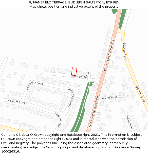 8, MANSFIELD TERRACE, BUDLEIGH SALTERTON, EX9 6EN: Location map and indicative extent of plot