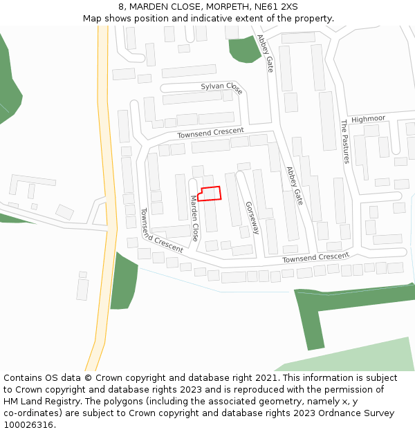 8, MARDEN CLOSE, MORPETH, NE61 2XS: Location map and indicative extent of plot