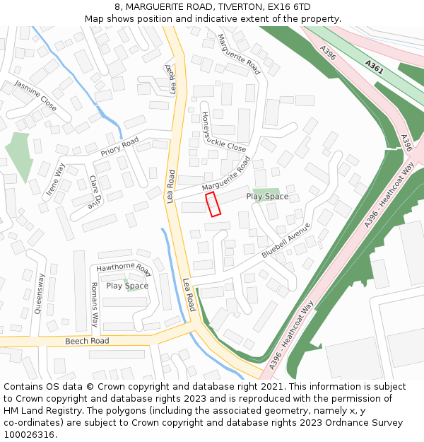 8, MARGUERITE ROAD, TIVERTON, EX16 6TD: Location map and indicative extent of plot