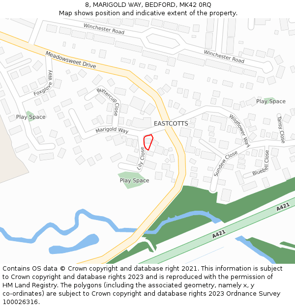 8, MARIGOLD WAY, BEDFORD, MK42 0RQ: Location map and indicative extent of plot