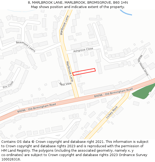 8, MARLBROOK LANE, MARLBROOK, BROMSGROVE, B60 1HN: Location map and indicative extent of plot