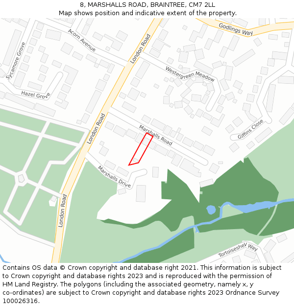 8, MARSHALLS ROAD, BRAINTREE, CM7 2LL: Location map and indicative extent of plot