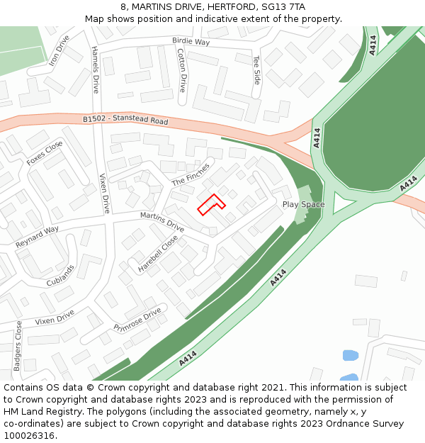 8, MARTINS DRIVE, HERTFORD, SG13 7TA: Location map and indicative extent of plot