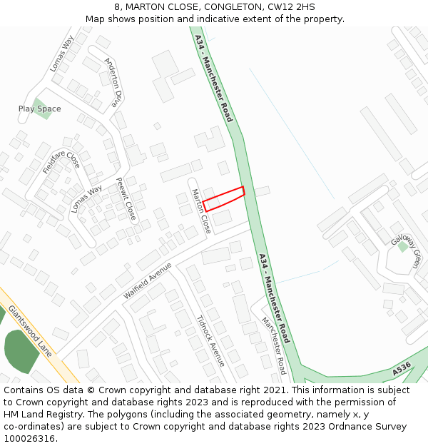 8, MARTON CLOSE, CONGLETON, CW12 2HS: Location map and indicative extent of plot