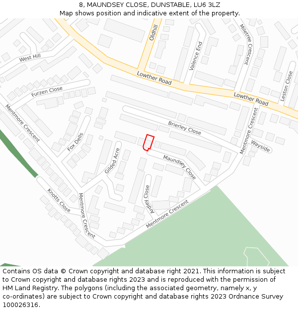 8, MAUNDSEY CLOSE, DUNSTABLE, LU6 3LZ: Location map and indicative extent of plot