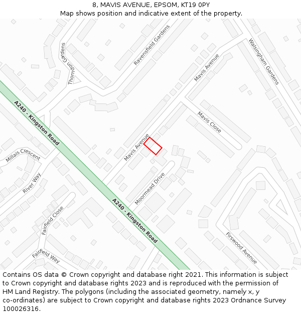 8, MAVIS AVENUE, EPSOM, KT19 0PY: Location map and indicative extent of plot