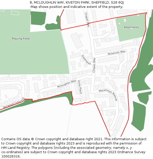 8, MCLOUGHLIN WAY, KIVETON PARK, SHEFFIELD, S26 6QJ: Location map and indicative extent of plot