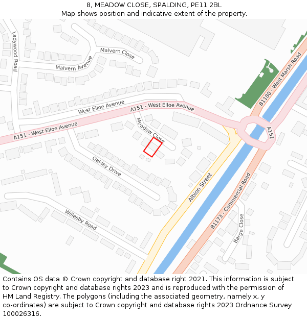 8, MEADOW CLOSE, SPALDING, PE11 2BL: Location map and indicative extent of plot