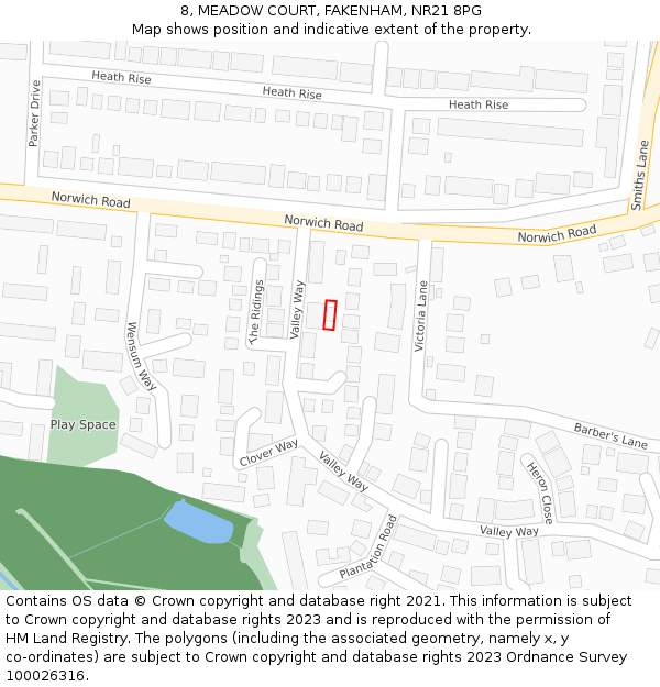 8, MEADOW COURT, FAKENHAM, NR21 8PG: Location map and indicative extent of plot