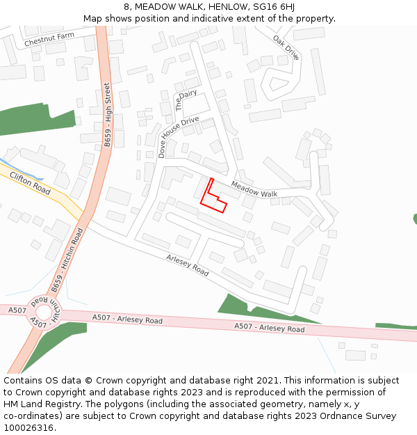 8, MEADOW WALK, HENLOW, SG16 6HJ: Location map and indicative extent of plot