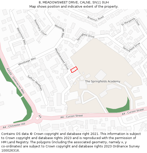 8, MEADOWSWEET DRIVE, CALNE, SN11 0UH: Location map and indicative extent of plot