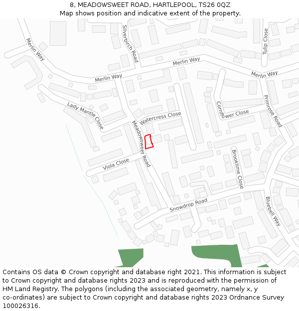 8, MEADOWSWEET ROAD, HARTLEPOOL, TS26 0QZ: Location map and indicative extent of plot