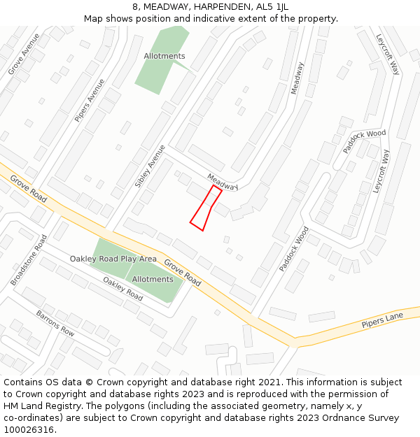 8, MEADWAY, HARPENDEN, AL5 1JL: Location map and indicative extent of plot