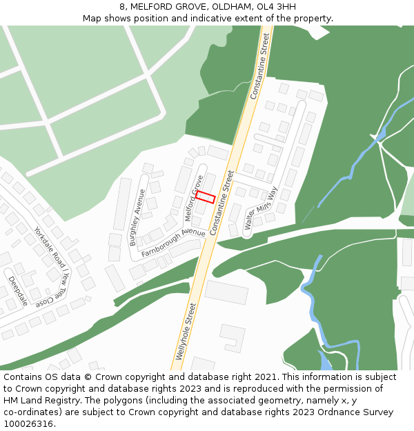 8, MELFORD GROVE, OLDHAM, OL4 3HH: Location map and indicative extent of plot