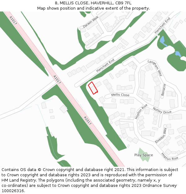 8, MELLIS CLOSE, HAVERHILL, CB9 7FL: Location map and indicative extent of plot
