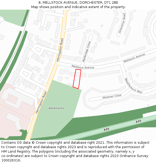 8, MELLSTOCK AVENUE, DORCHESTER, DT1 2BE: Location map and indicative extent of plot