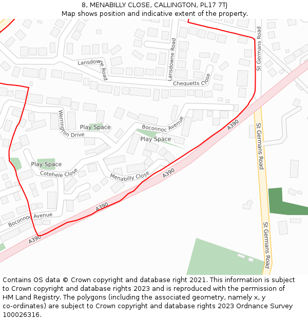 8, MENABILLY CLOSE, CALLINGTON, PL17 7TJ: Location map and indicative extent of plot