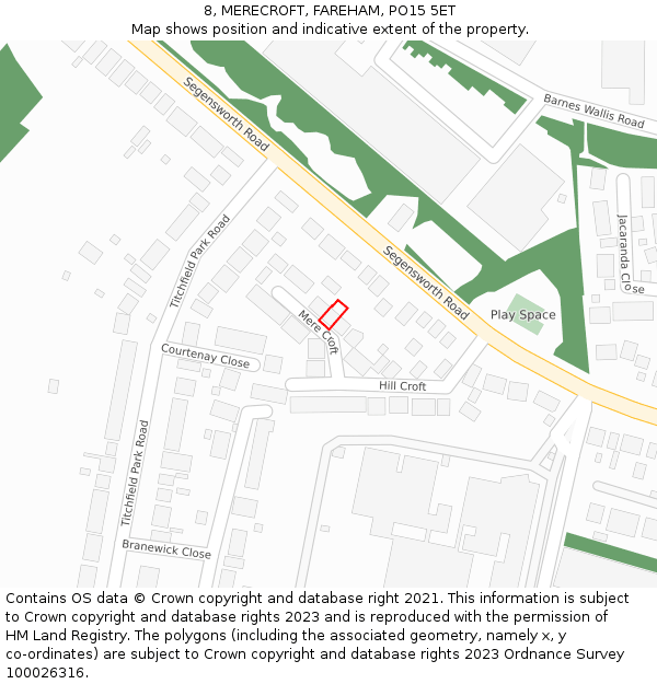 8, MERECROFT, FAREHAM, PO15 5ET: Location map and indicative extent of plot