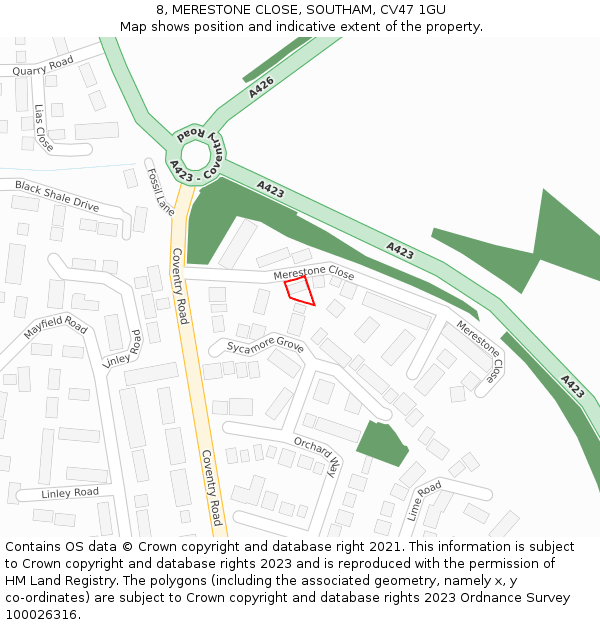 8, MERESTONE CLOSE, SOUTHAM, CV47 1GU: Location map and indicative extent of plot