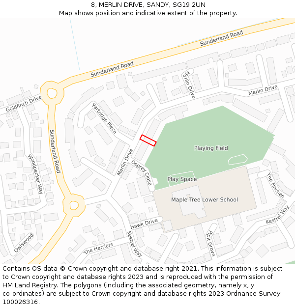 8, MERLIN DRIVE, SANDY, SG19 2UN: Location map and indicative extent of plot