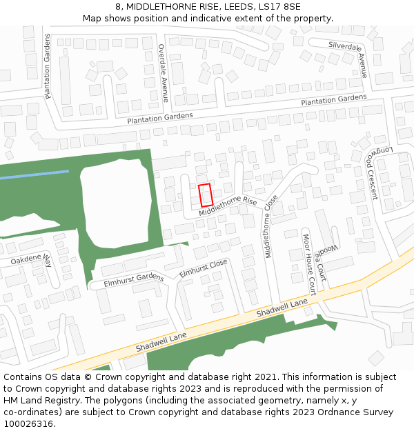 8, MIDDLETHORNE RISE, LEEDS, LS17 8SE: Location map and indicative extent of plot