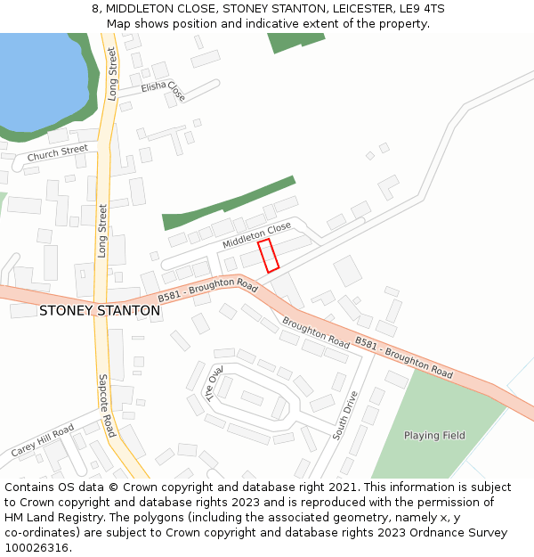 8, MIDDLETON CLOSE, STONEY STANTON, LEICESTER, LE9 4TS: Location map and indicative extent of plot