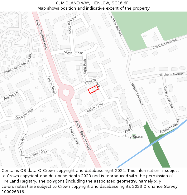 8, MIDLAND WAY, HENLOW, SG16 6FH: Location map and indicative extent of plot