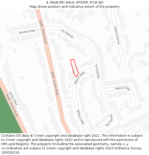 8, MILBURN WALK, EPSOM, KT18 5JN: Location map and indicative extent of plot