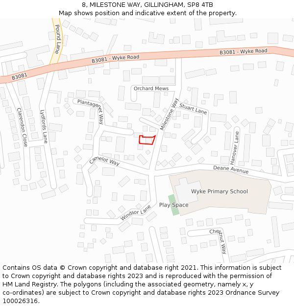 8, MILESTONE WAY, GILLINGHAM, SP8 4TB: Location map and indicative extent of plot