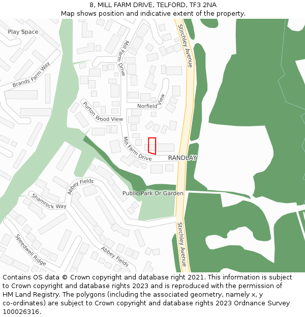 8, MILL FARM DRIVE, TELFORD, TF3 2NA: Location map and indicative extent of plot