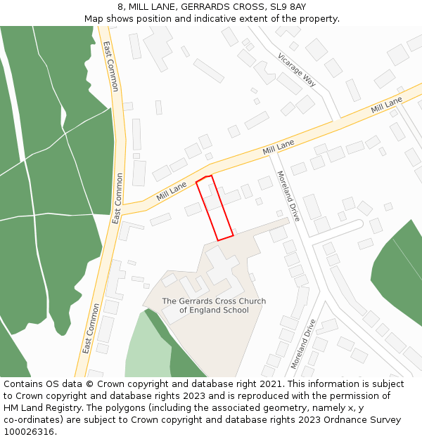 8, MILL LANE, GERRARDS CROSS, SL9 8AY: Location map and indicative extent of plot