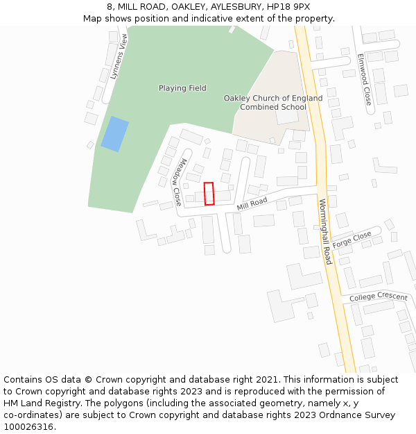 8, MILL ROAD, OAKLEY, AYLESBURY, HP18 9PX: Location map and indicative extent of plot