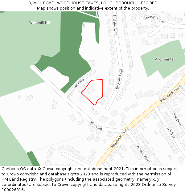 8, MILL ROAD, WOODHOUSE EAVES, LOUGHBOROUGH, LE12 8RD: Location map and indicative extent of plot