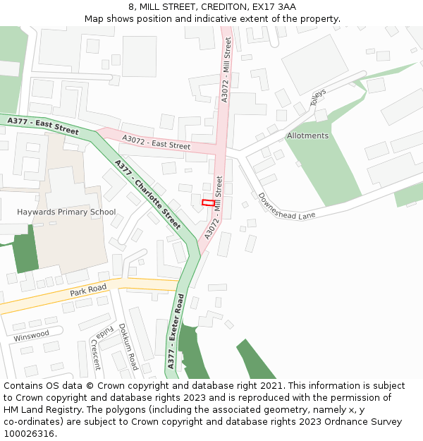 8, MILL STREET, CREDITON, EX17 3AA: Location map and indicative extent of plot