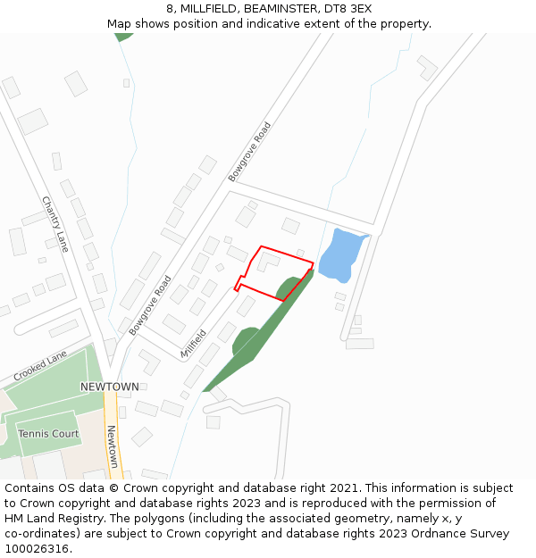 8, MILLFIELD, BEAMINSTER, DT8 3EX: Location map and indicative extent of plot