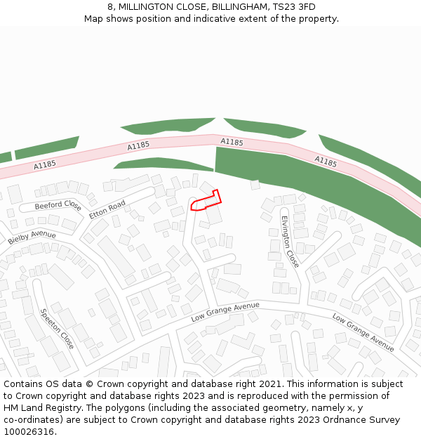 8, MILLINGTON CLOSE, BILLINGHAM, TS23 3FD: Location map and indicative extent of plot