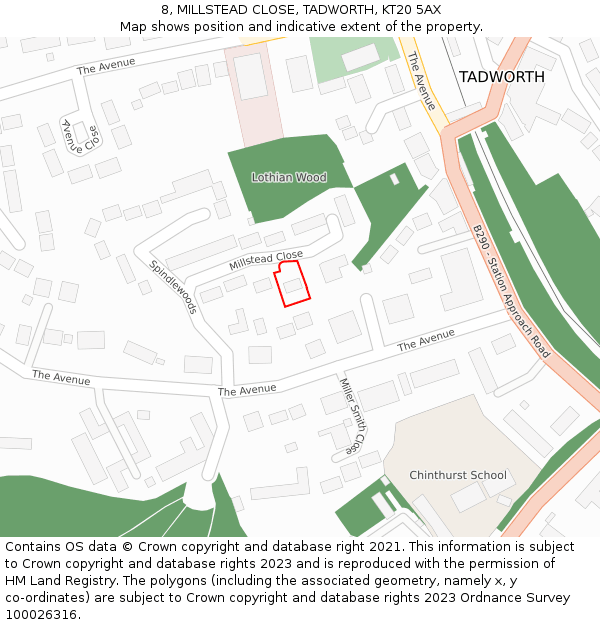 8, MILLSTEAD CLOSE, TADWORTH, KT20 5AX: Location map and indicative extent of plot