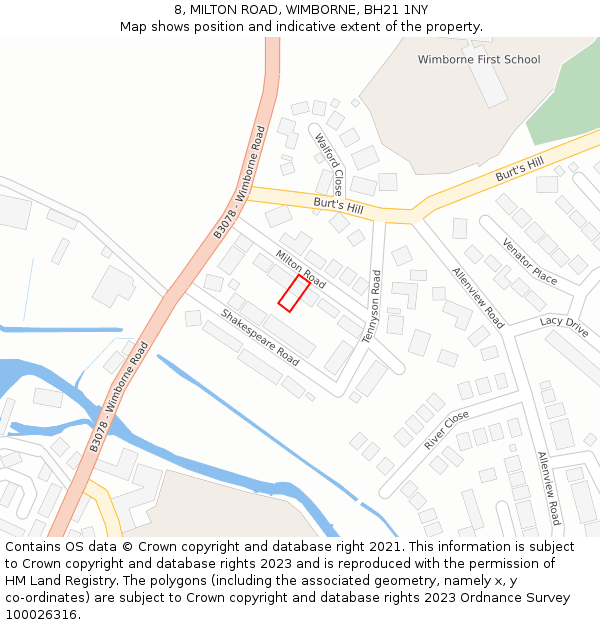 8, MILTON ROAD, WIMBORNE, BH21 1NY: Location map and indicative extent of plot
