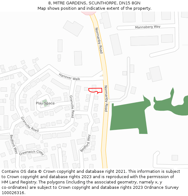 8, MITRE GARDENS, SCUNTHORPE, DN15 8GN: Location map and indicative extent of plot