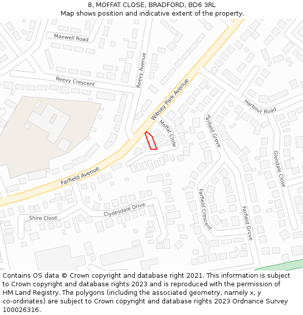 8, MOFFAT CLOSE, BRADFORD, BD6 3RL: Location map and indicative extent of plot