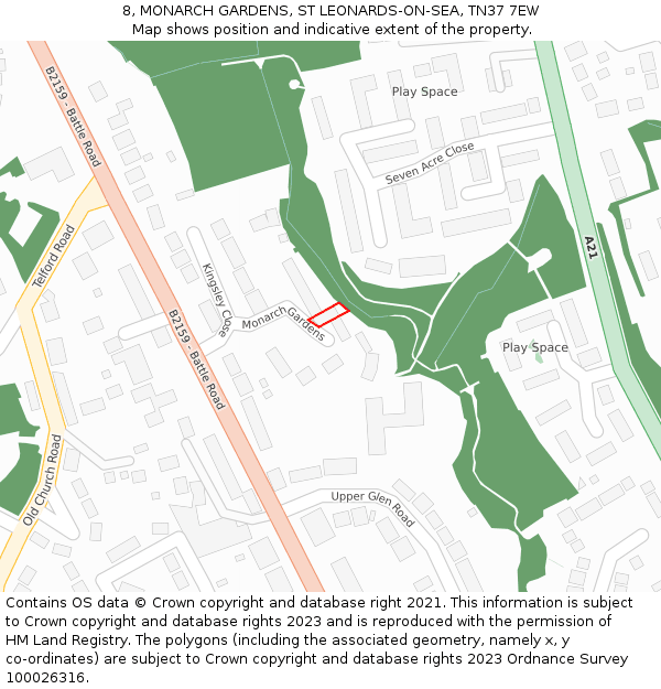 8, MONARCH GARDENS, ST LEONARDS-ON-SEA, TN37 7EW: Location map and indicative extent of plot