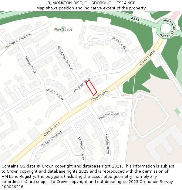 8, MONKTON RISE, GUISBOROUGH, TS14 6GF: Location map and indicative extent of plot