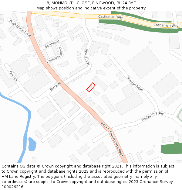 8, MONMOUTH CLOSE, RINGWOOD, BH24 3AE: Location map and indicative extent of plot