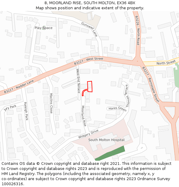 8, MOORLAND RISE, SOUTH MOLTON, EX36 4BX: Location map and indicative extent of plot