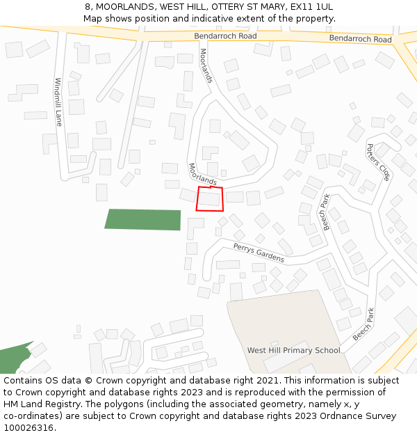 8, MOORLANDS, WEST HILL, OTTERY ST MARY, EX11 1UL: Location map and indicative extent of plot