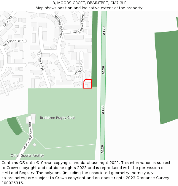8, MOORS CROFT, BRAINTREE, CM7 3LF: Location map and indicative extent of plot
