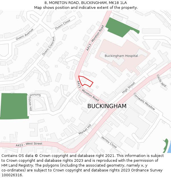 8, MORETON ROAD, BUCKINGHAM, MK18 1LA: Location map and indicative extent of plot
