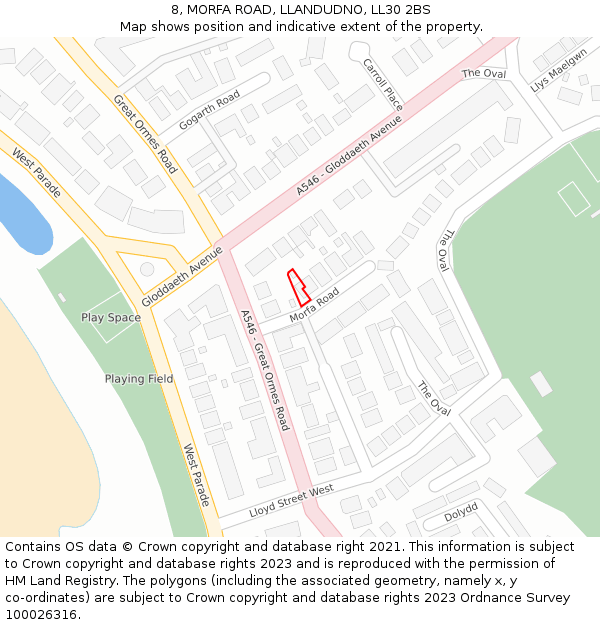 8, MORFA ROAD, LLANDUDNO, LL30 2BS: Location map and indicative extent of plot