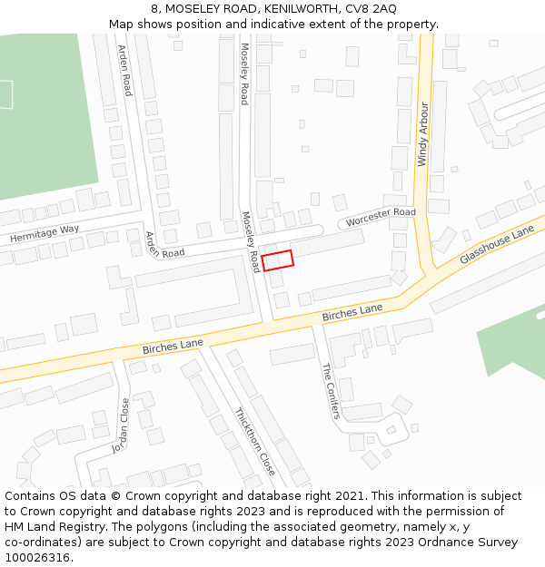8, MOSELEY ROAD, KENILWORTH, CV8 2AQ: Location map and indicative extent of plot
